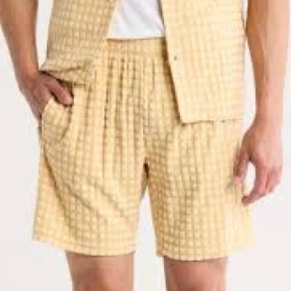 FLEECE FACTORY Men's L Box Cube Geometric Jacquard Shorts Tan NWOT